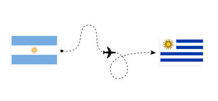 Flight and travel from Argentina to Uruguay by passenger airplane. Airplane route and country flags. Travel conceptのイラスト素材