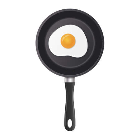 Realistic fried egg on frying pan in top view. metallic dishwareのイラスト素材