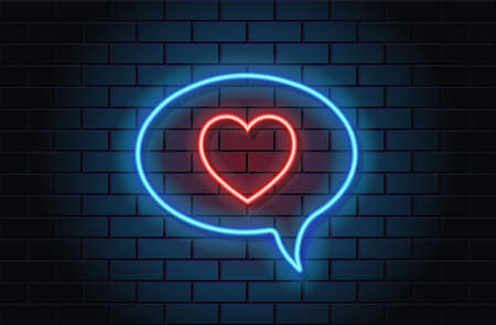 Red neon heart in blue cloud speech bubble for valentines day. neon