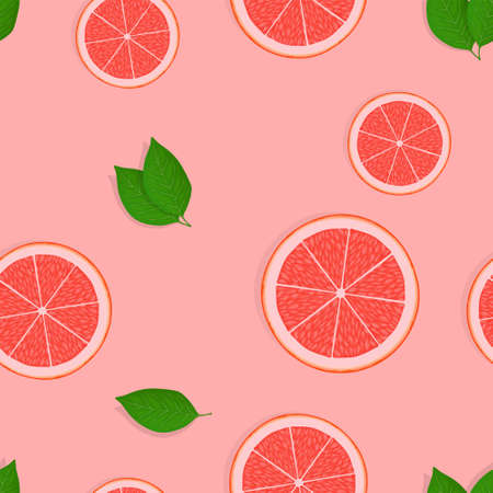 Seamless pattern of citrus fruit slices of grapefruit isolated on rose background. Piece of citrus fruitの写真素材