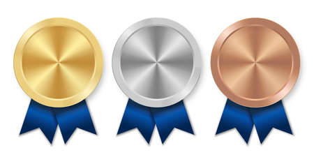 Golden silver and bronze award sport medal with blue ribbons. honor badges