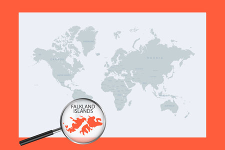Map of Falkland Islands on political world map with magnifying glass. Highly detailed map with borders and countries.のイラスト素材