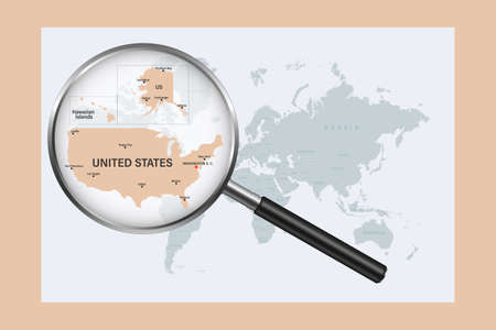 Map of United States of America on political world map with magnifying glass. Highly detailed map with borders and countries.の写真素材