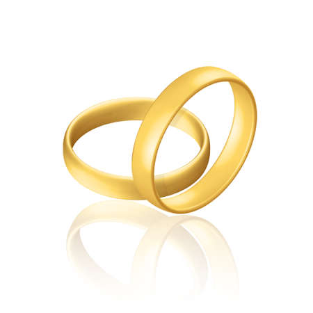 Golden realistic wedding rings with reflection. Anniversary romantic surprise. golden jewelry objectのイラスト素材