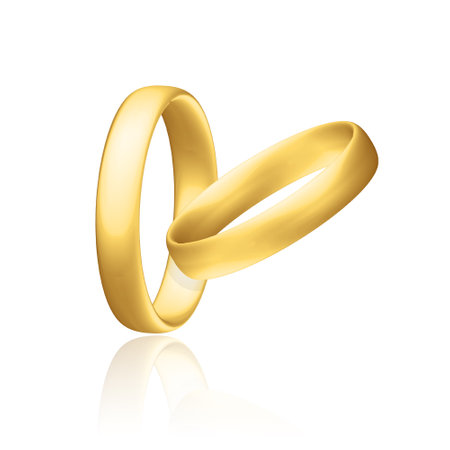 Golden realistic wedding rings with reflection. Anniversary romantic surprise. golden jewelry objectのイラスト素材