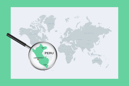 Map of Peru on political world map with magnifying glass. Highly detailed map with borders and countries.の写真素材
