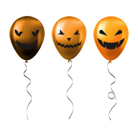Set of Halloween orange balloons with scary and funny faces. Realistic helium baloonのイラスト素材