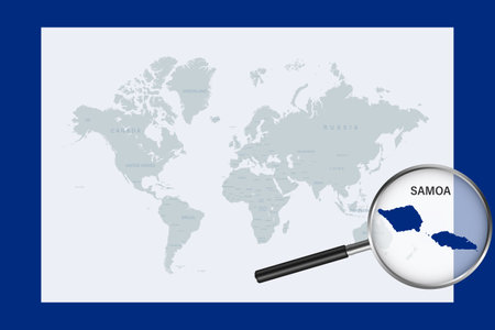 Map of Samoa on political world map with magnifying glass. Highly detailed map with borders and countries.のイラスト素材