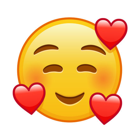 Smiling face with smiling eyes and three hearts on white background. Large size yellow emoji smileのイラスト素材