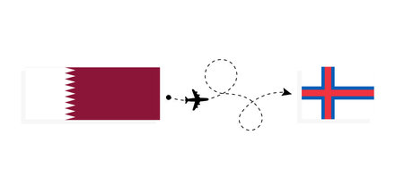 Flight and travel from Qatar to Faroe Islands by passenger airplane. Airplane route and country flags. travel conceptのイラスト素材