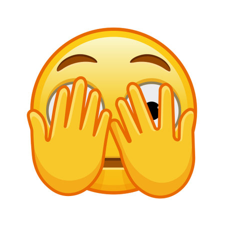 Frightened face covering with hands on white background. Large size yellow emoji smileのイラスト素材