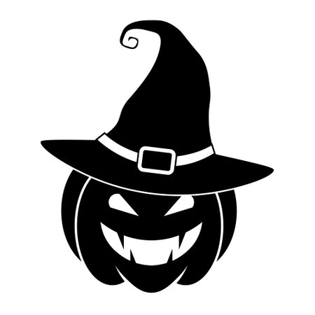 Simple Halloween scary pumpkin with witch hat in flat style. Illustration cartoon pumpkin. holiday icons conceptのイラスト素材