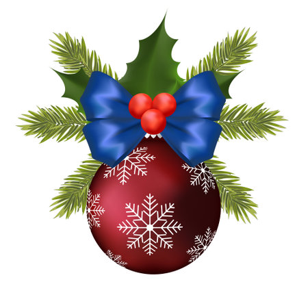 Red Christmas tree toy with blue bow holly berries and pine tree branch. holiday decoration templateのイラスト素材