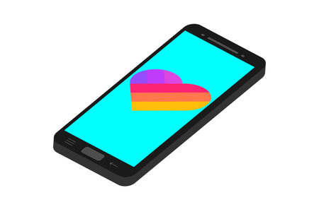 Vector illustration of black smartphone isolated on white background. Heart in different colors on display.のイラスト素材