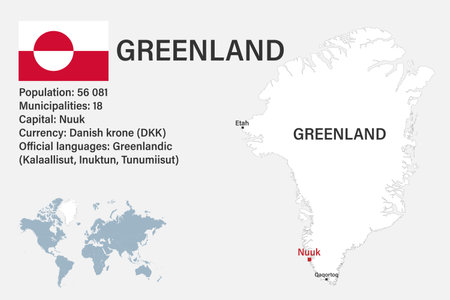 Highly detailed Greenland map with flag, capital and small map of the world. Highly detailed map with borders, countries.のイラスト素材