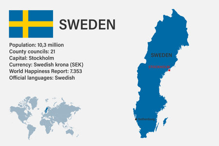 Highly detailed Sweden map with flag, capital and small map of the world. Highly detailed map with borders, countries.のイラスト素材