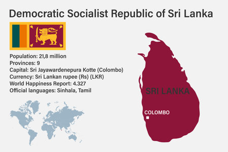 Highly detailed Sri Lanka map with flag, capital and small map of the world. Highly detailed map with borders, countries.のイラスト素材