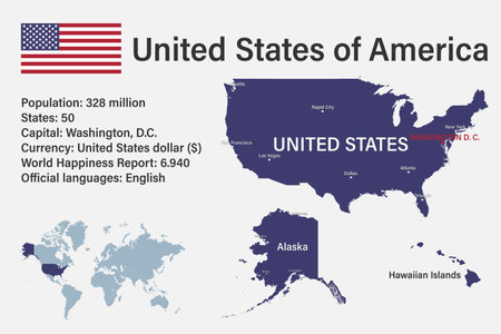 Highly detailed USA map with flag, capital and small map of the world. Highly detailed map with borders, countries.のイラスト素材