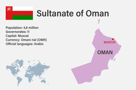 Highly detailed Sultanate of Oman map with flag, capital and small map of the world. Highly detailed map with borders, countries.のイラスト素材