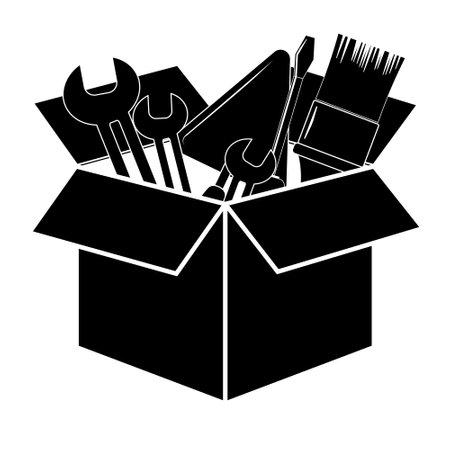 Open box with work tools isolated on background, flat pictogram, business, marketing, internet. flat styleのイラスト素材