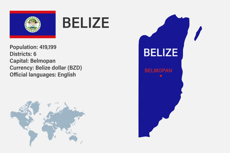 Highly detailed Belize map with flag, capital and small map of the world. Highly detailed map with borders, countries.のイラスト素材