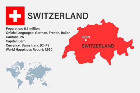 Highly detailed Switzerland map with flag, capital and small map of the world. Highly detailed map with borders, countries.のイラスト素材