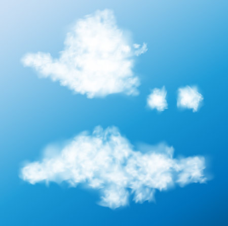 White realistic fluffy clouds or fog or smoke on blue sky. Clouds or fog for sky or for the space nebula. weather and climate illustrationのイラスト素材