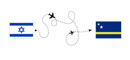 Flight and travel from Israel to Curacao by passenger airplane. Airplane route and country flags. Travel conceptのイラスト素材