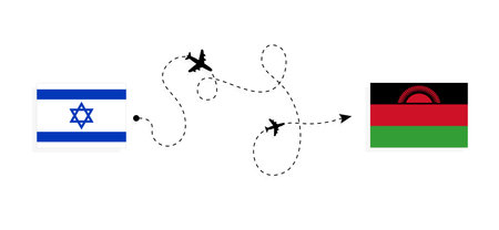 Flight and travel from Israel to Malawi by passenger airplane. Airplane route and country flags. Travel conceptのイラスト素材