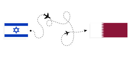 Flight and travel from Israel to Qatar by passenger airplane. Airplane route and country flags. Travel conceptのイラスト素材
