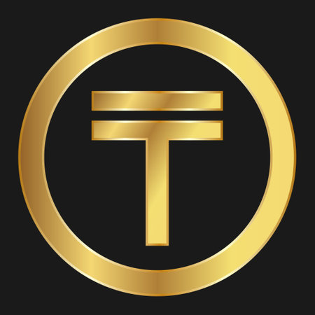 Gold icon of Tenge. Concept of internet web currency. Tenge medalのイラスト素材