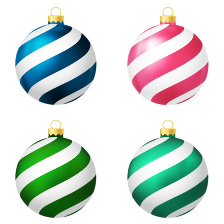 Set of blue, pink green and menthol Christmas tree toy or ball. Holiday decoration templateのイラスト素材