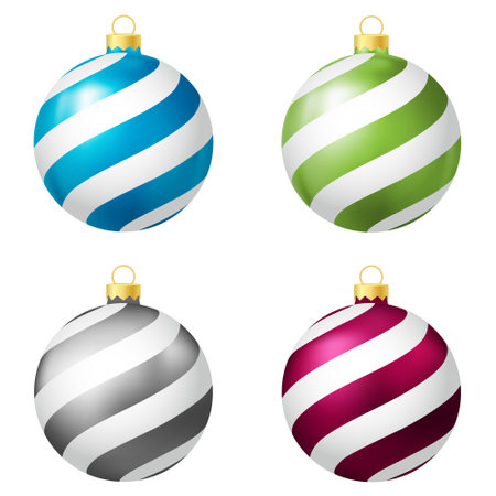 Set of blue, green, gray and pink Christmas tree toy or ball. Holiday decoration templateのイラスト素材