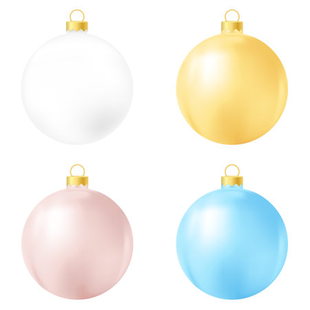 Set of white, yellow, beige, and blue Christmas tree toy or ball. Holiday decoration templateのイラスト素材