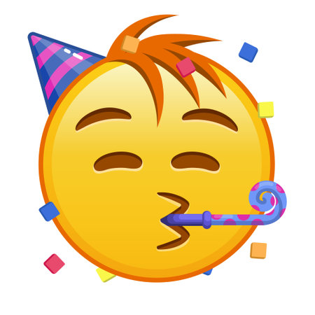 Face with a festive horn and cap on white background. Large size of yellow emoji smile with hairのイラスト素材