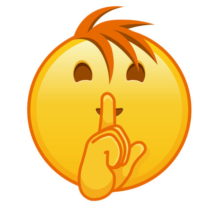 Face with index finger at lips on white background. Large size of yellow emoji smile with hairのイラスト素材