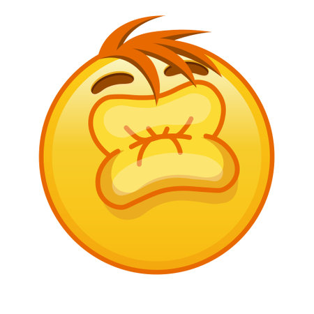 Kissing face with laughing eyes on white background. Large size of yellow emoji smile with hairのイラスト素材