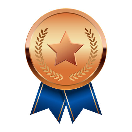 Bronze award medal with blue ribbons and star for sport and games. Medal or coin for gamesのイラスト素材