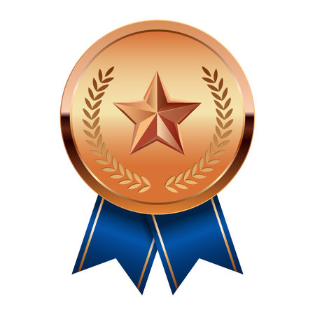 Bronze award medal with blue ribbons and star for sport and games. Medal or coin for gamesのイラスト素材