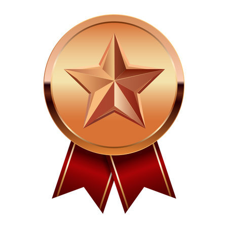 Bronze award medal with red ribbons and star for sport and games. Medal or coin for gamesのイラスト素材