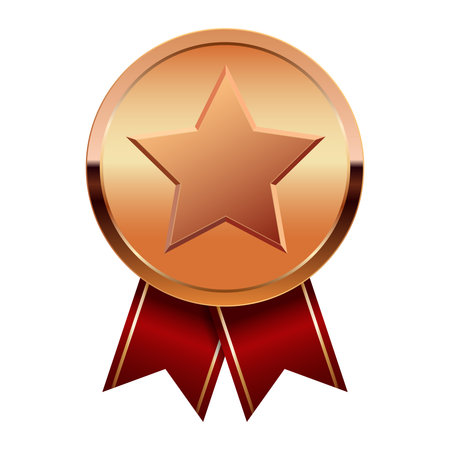 Bronze award medal with red ribbons and star for sport and games. Medal or coin for gamesのイラスト素材