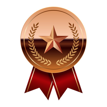Bronze glossy mirror medal with red ribbons and star for sport and games. Medal or coin for gamesのイラスト素材