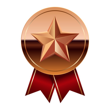 Bronze glossy mirror medal with red ribbons and star for sport and games. Medal or coin for gamesのイラスト素材