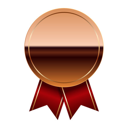 Bronze glossy mirror medal with red ribbons for sport and games. Medal or coin for gamesのイラスト素材