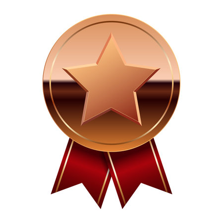 Bronze glossy mirror medal with red ribbons and star for sport and games. Medal or coin for gamesのイラスト素材