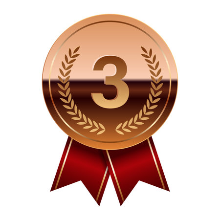 Bronze glossy mirror medal with red ribbons for sport and games. Medal or coin for gamesのイラスト素材