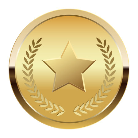 Golden award medal and star for sport and games. Medal or coin for gamesのイラスト素材