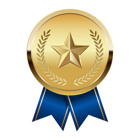 Golden award medal with blue ribbons and star for sport and games. Medal or coin for gamesのイラスト素材