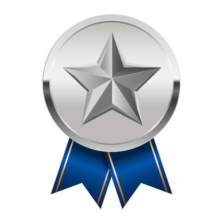 Silver award medal with blue ribbons and star for sport and games. Medal or coin for gamesのイラスト素材