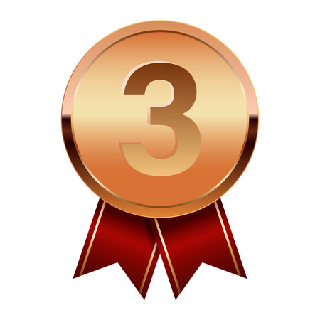 Bronze award medal with red ribbons for sport and games. Medal or coin for gamesのイラスト素材